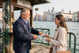 Achat d'un ticket de vaporetto à un arrêt ACTV sur le Grand Canal de Venise
