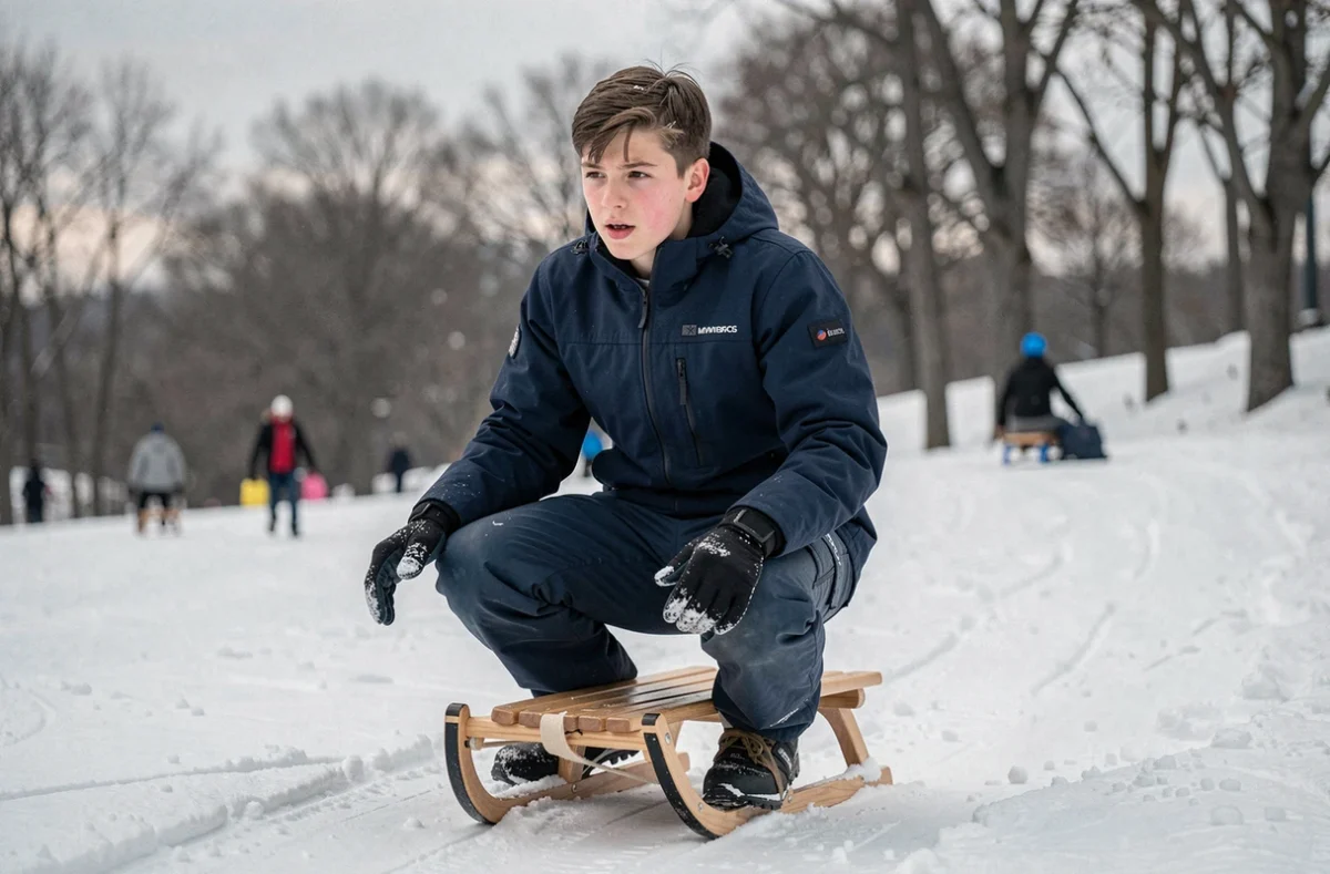 Adolescent sur une luge en bois au sommet d'une colline enneigée dans un parc hivernal