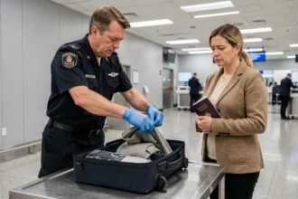 Agent des douanes ouvrant et inspectant le bagage d'une voyageuse dans un hall de contrôle douanier à l'aéroport