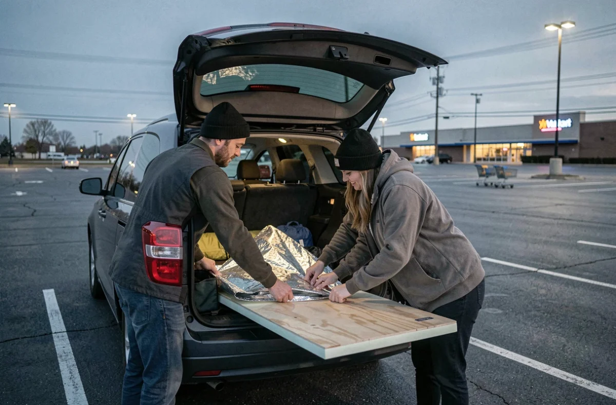 Couple aménageant un van pour dormir dans un parking Walmart aux États-Unis lors d'un road trip