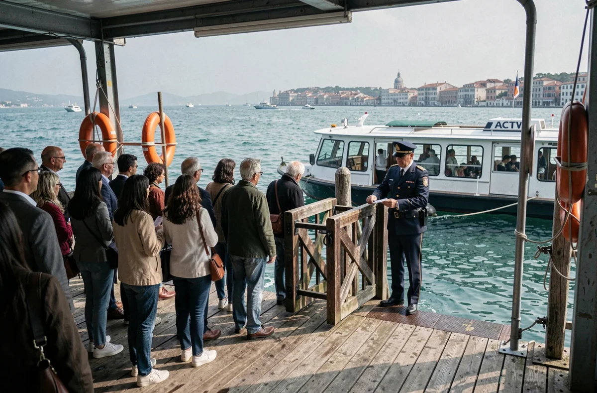 File d'attente de touristes et de locaux sur un ponton de vaporetto à Fondamenta Nove avec vue sur la lagune de Venise
