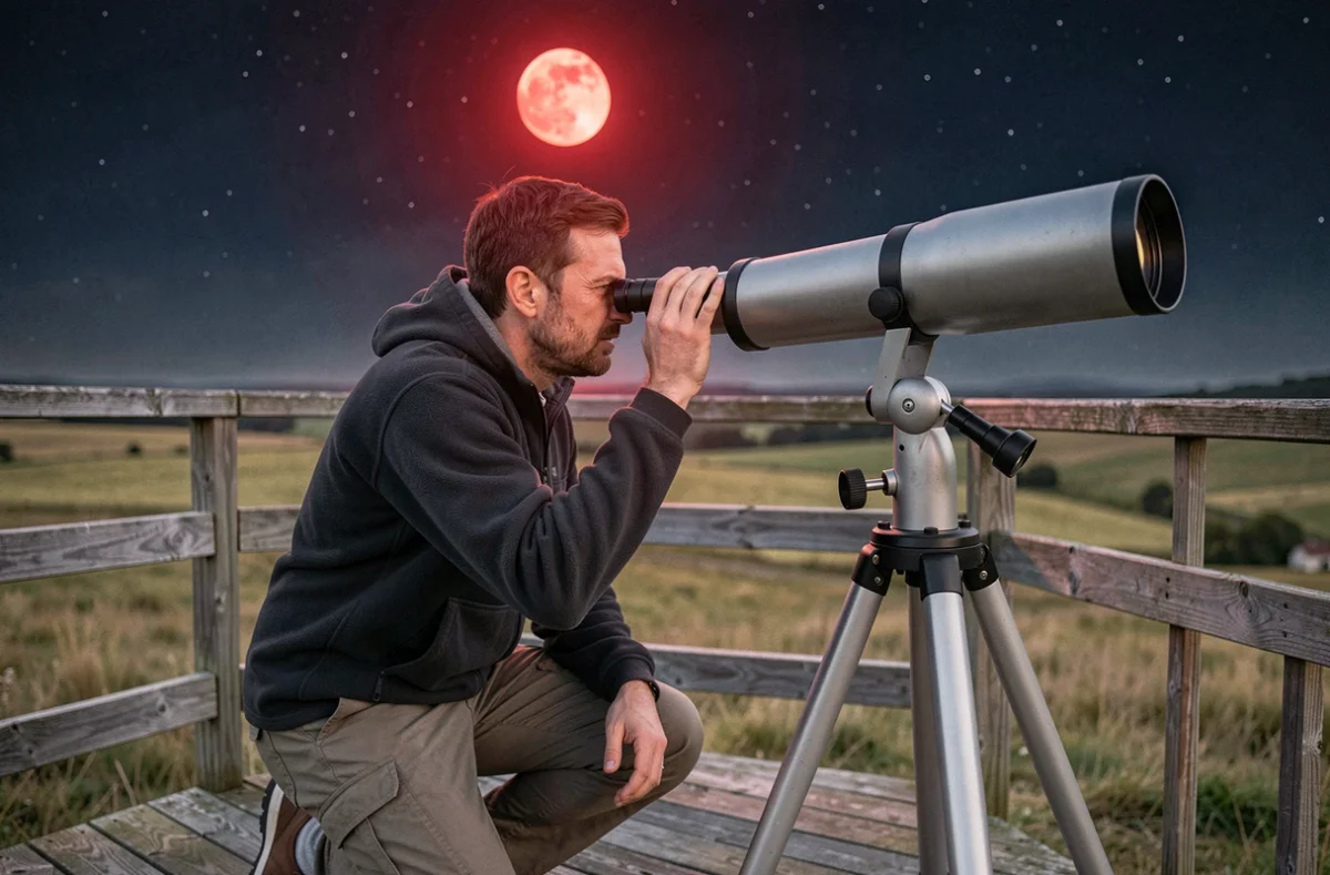 Astronome amateur observant la lune rouge à travers un télescope sur une terrasse en bois, ciel étoilé en arrière-plan