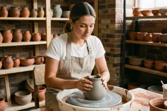 Femme façonnant un vase en argile sur un tour de poterie dans un atelier artisanal urbain lors d'un city break