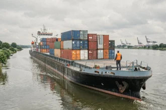 Barge de transport fluvial chargée de conteneurs naviguant sur le Rhin en Allemagne