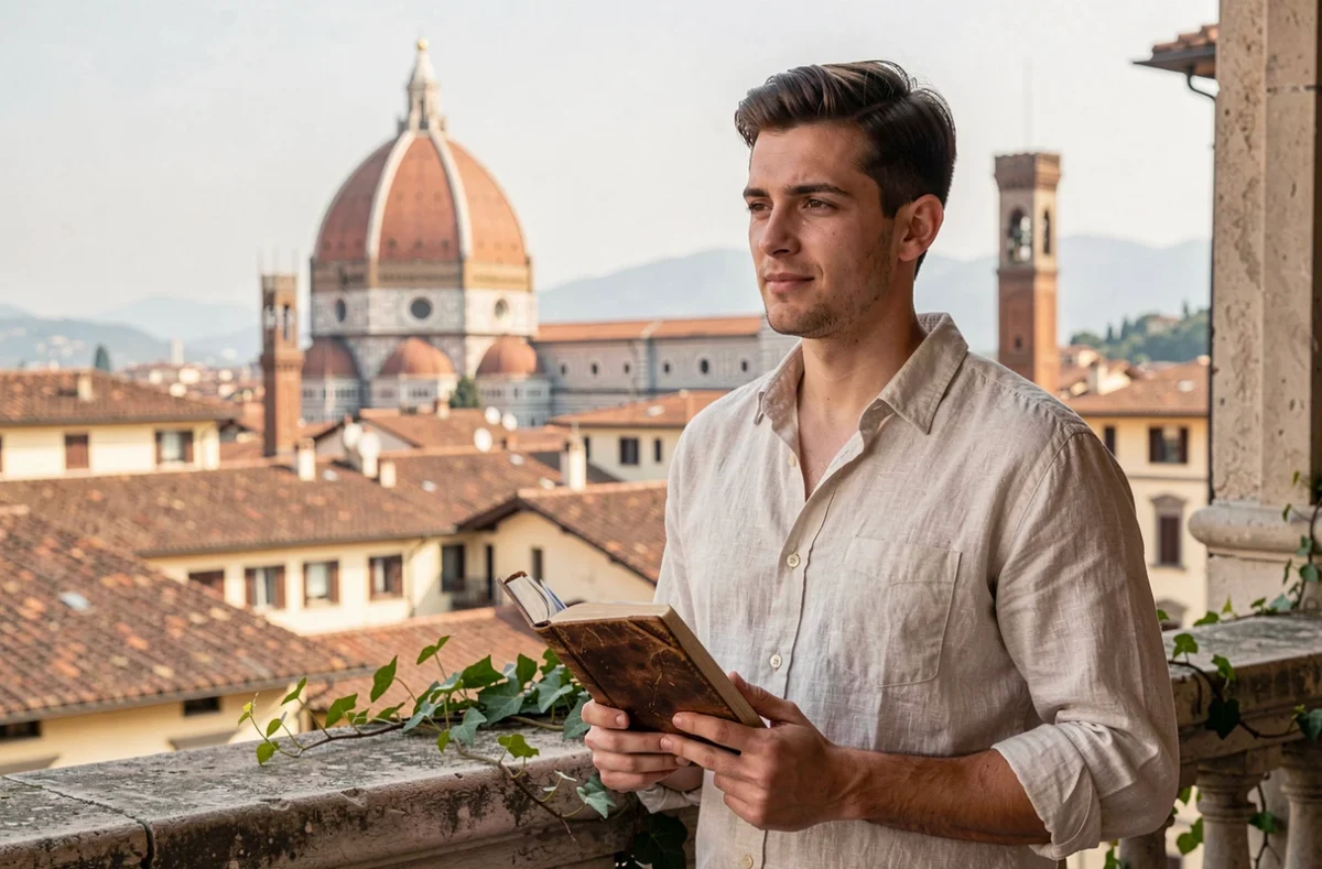 Jeune homme en terrasse avec vue panoramique sur les toits de Florence et le Dôme en arrière-plan