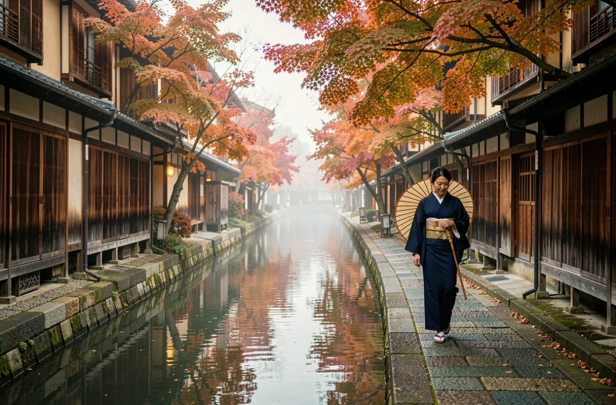 Femme en kimono marchant le long d'un canal de Kyoto bordé d'érables automnaux aux couleurs flamboyantes