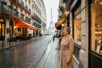 Femme élégante dans une rue parisienne avec les façades haussmanniennes et la Tour Eiffel en arrière-plan