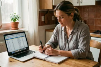 Femme planifiant son budget pour une année sabbatique avec un carnet et un ordinateur portable sur une table en bois