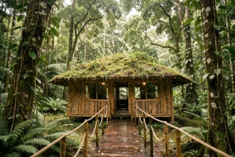 Bungalow en bois et bambou d'un éco-resort tropical entouré d'une végétation dense et luxuriante
