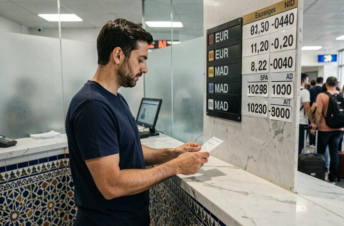Homme consultant un tableau de taux de change euros-dirhams dans un bureau de change marocain