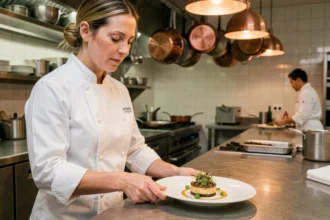 Cheffe cuisinière dans une cuisine gastronomique parisienne dressant une assiette raffinée dans un restaurant étoilé