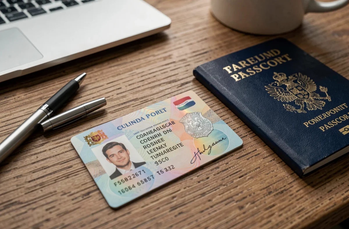 Carte consulaire posée sur un bureau avec passeport français et documents administratifs