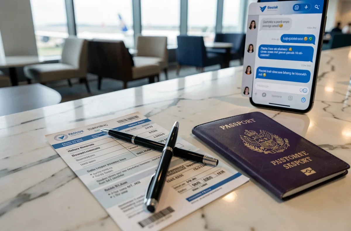 Carte d'embarquement et passeport posés sur une surface en marbre illustrant la procédure de changement de nom sur un billet d'avion American Airlines