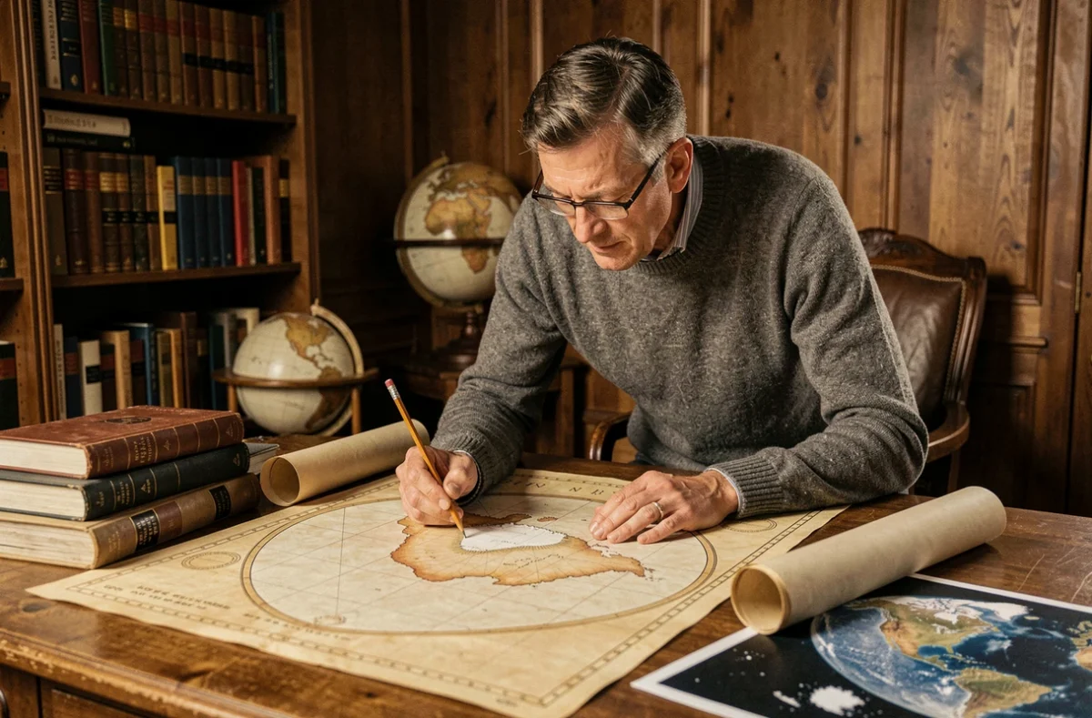 Cartographe étudiant une carte de l'Antarctique pour comprendre les revendications territoriales des pays signataires du Traité sur l'Antarctique