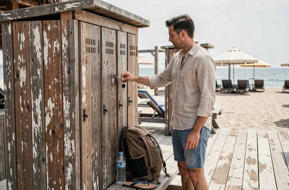Homme utilisant un casier de plage en bois pour sécuriser ses affaires