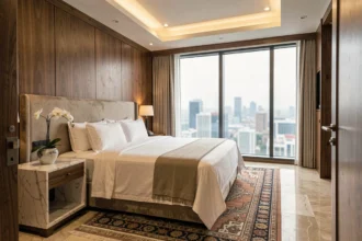 Chambre d'hôtel luxueuse 5 étoiles avec lit king-size en draps blancs, vue panoramique sur la ville et décoration en marbre et bois de noyer