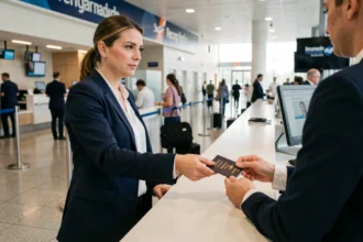 Femme présentant son passeport au comptoir d'enregistrement d'American Airlines pour modifier le nom sur son billet d'avion