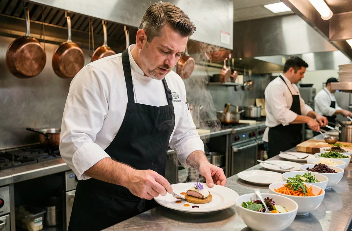 Chef cuisinier d'hôtel en veste blanche dressant un plat gastronomique dans une cuisine professionnelle en acier inoxydable