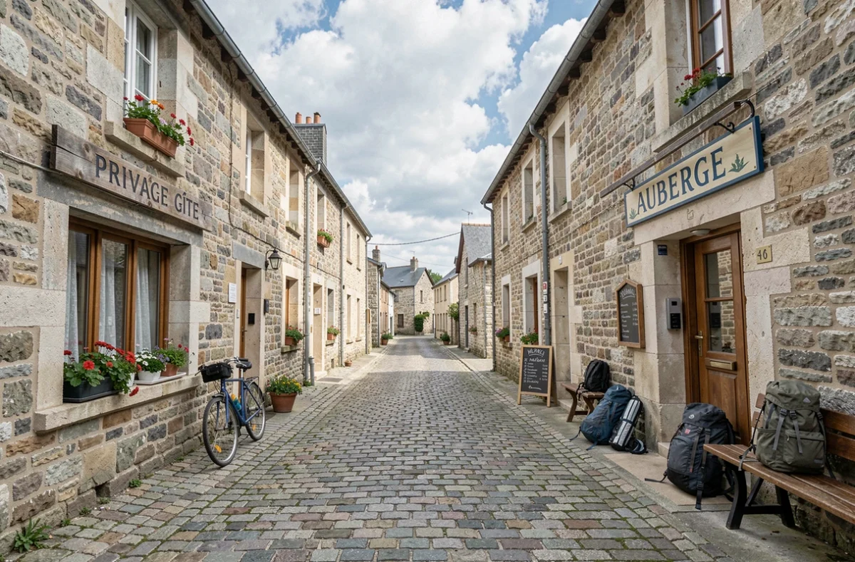 Vue de rue en village français montrant un gîte privé et une auberge côte à côte, illustrant leurs différences extérieures