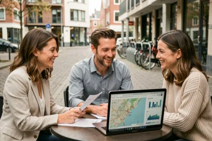 Groupe de personnes comparant la qualité de vie dans différents pays autour d'un café en Europe du Nord