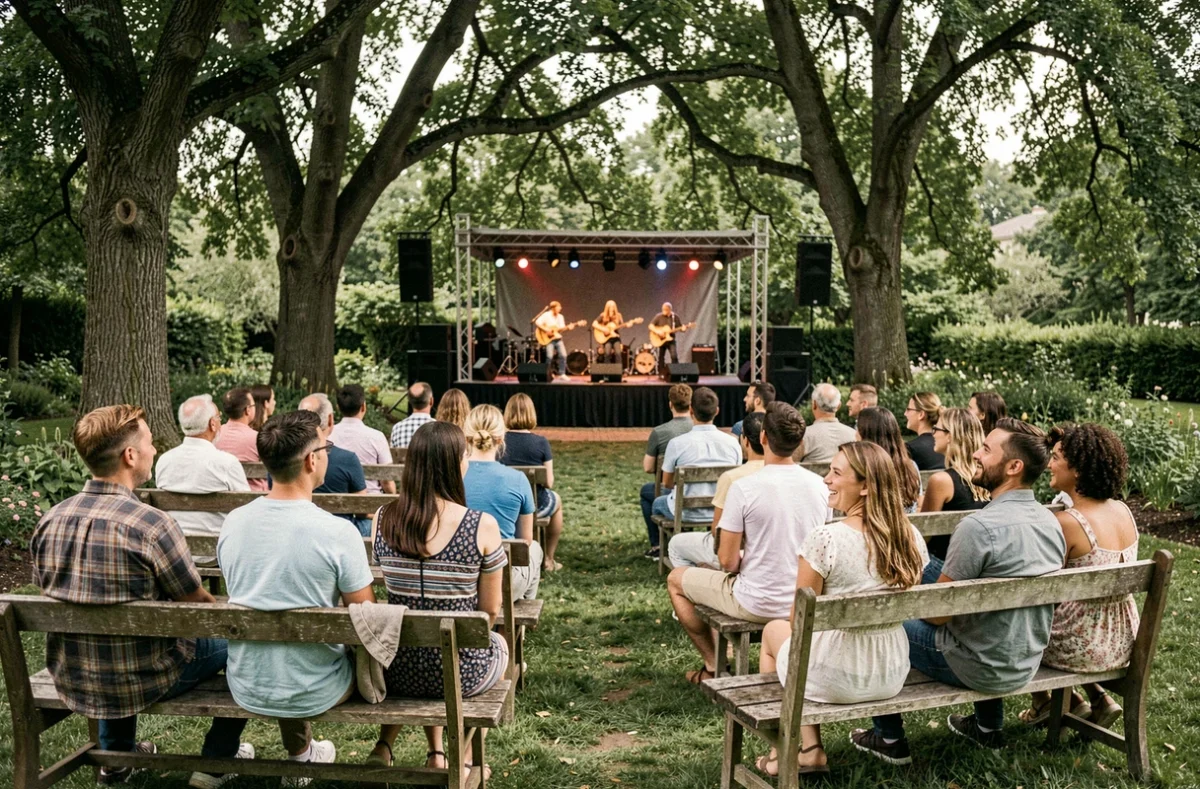 Public assistant à un concert en plein air dans le cadre bucolique du domaine de Chaumont-sur-Loire pendant le festival annuel soutenu par le 107.7