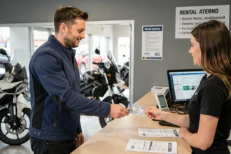 Homme remettant son permis de conduire à un employé d'une agence de location de moto pour vérification des conditions de location