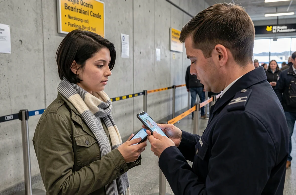 Une voyageuse présente une photo numérique de sa carte d'identité à un agent des frontières dans une gare européenne