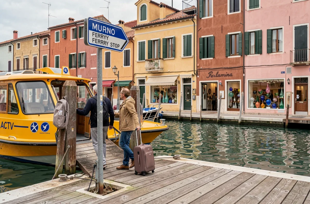 Couple arrivant à l'embarcadère de Murano depuis un vaporetto ACTV avec les bâtiments colorés de l'île en arrière-plan