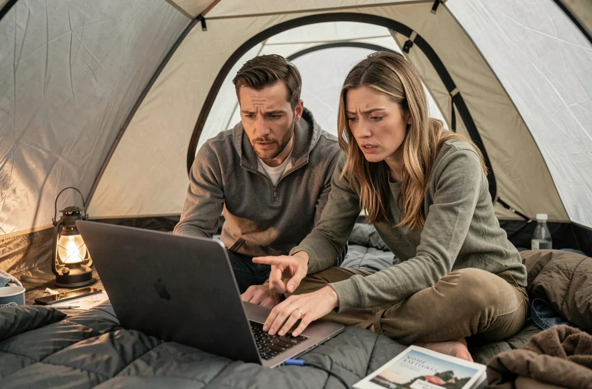 Couple rédigeant une plainte en ligne depuis leur tente de camping