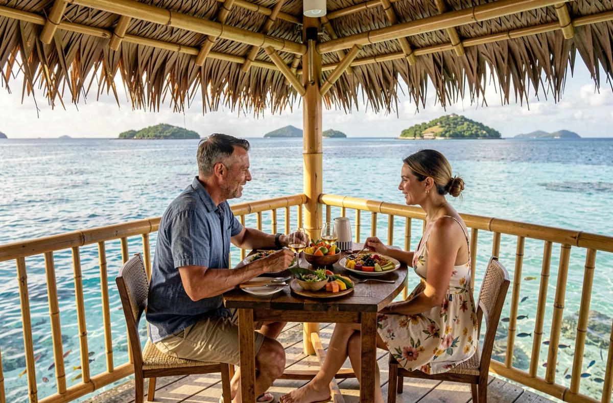 Couple déjeunant dans un restaurant sur pilotis au-dessus du lagon de Bora Bora
