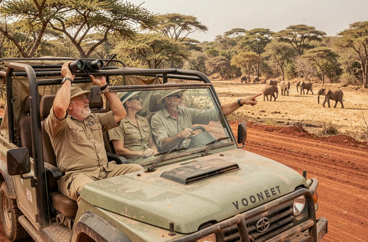 Couple en safari observant des éléphants depuis un 4x4 ouvert avec un guide local au Botswana