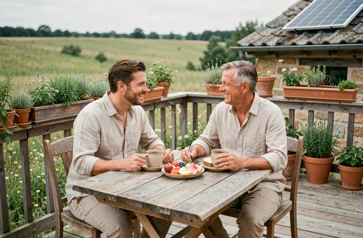 Couple prenant le petit-déjeuner sur la terrasse en bois d'un éco-gîte avec vue sur prairie sauvage