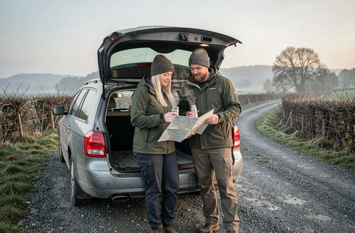 Couple se préparant à dormir en voiture au bord d'une route de campagne en Ardennes belges