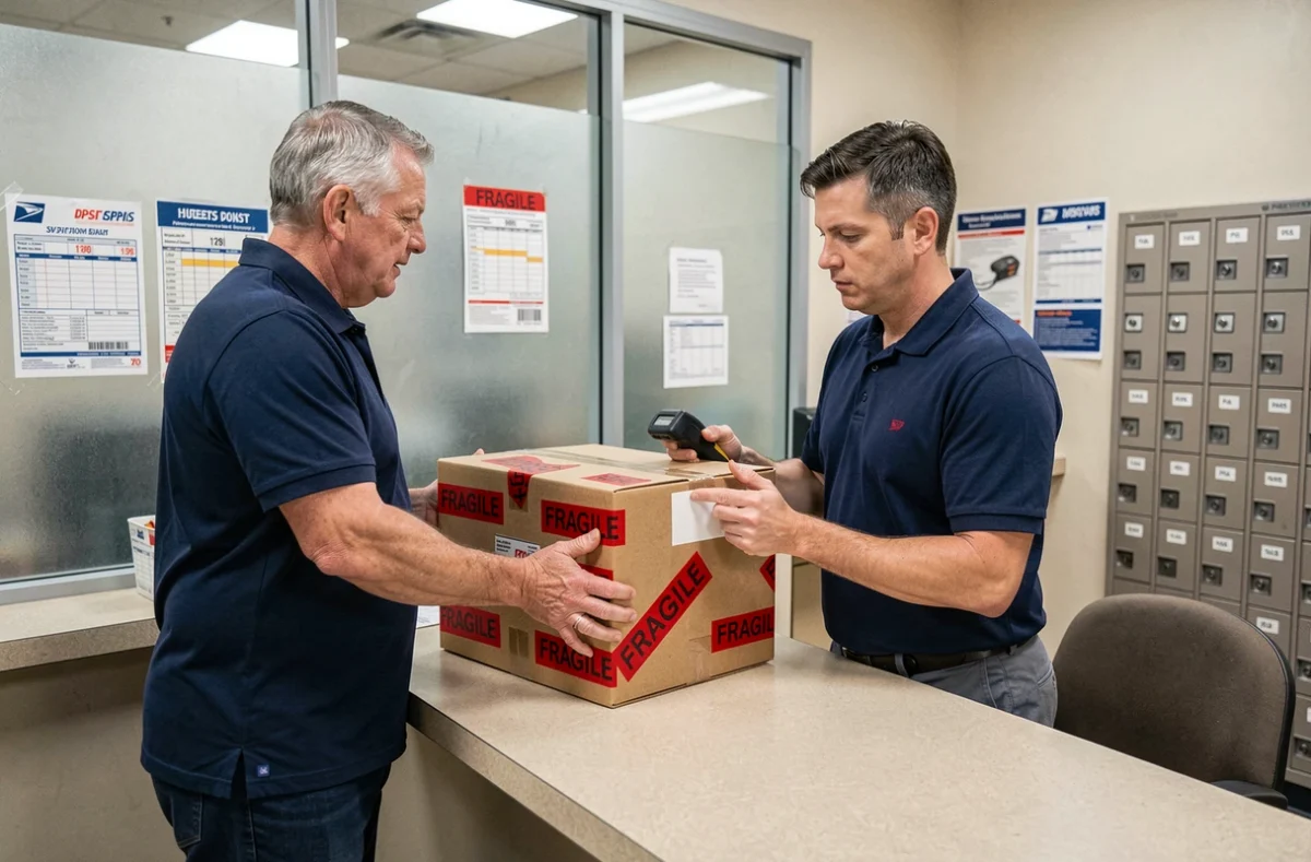 Homme déposant un colis fragile au comptoir d'un bureau de poste USPS