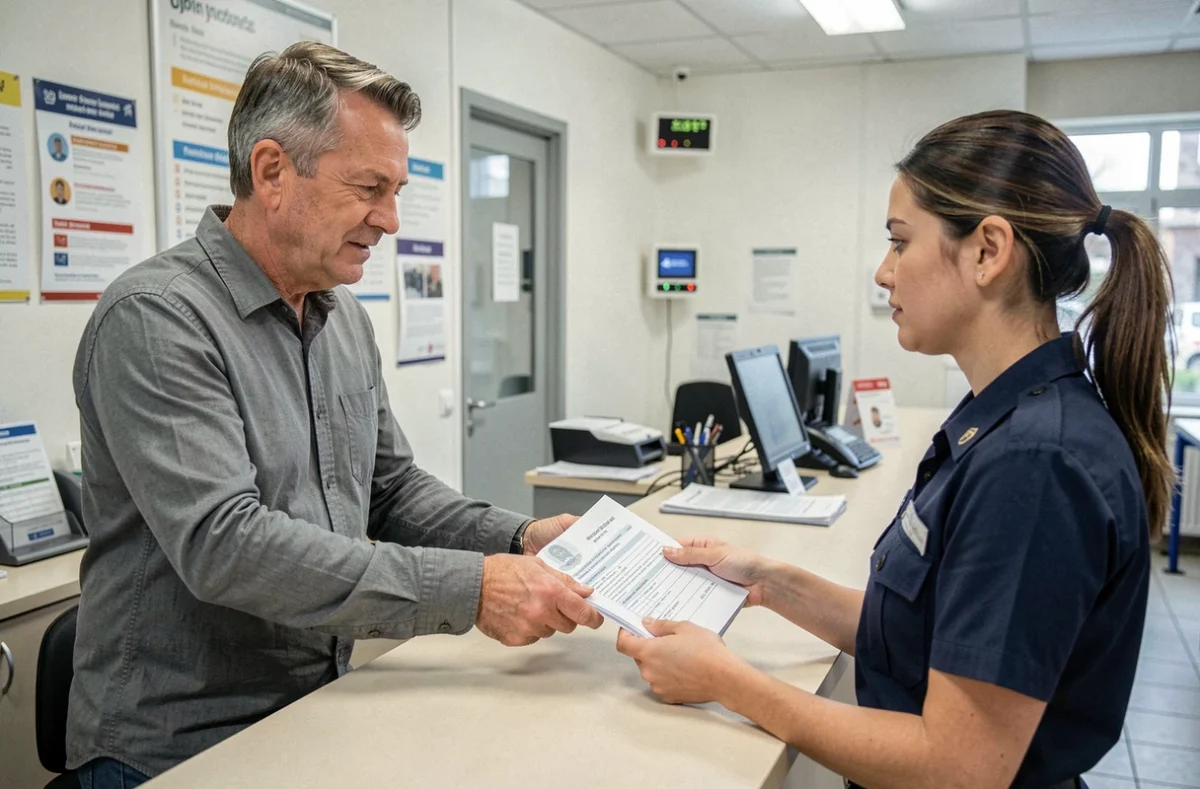 Homme déposant ses documents pour un permis de conduire international dans un bureau de poste