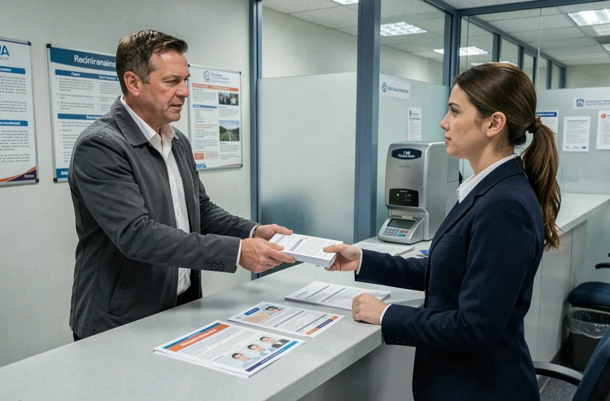 Homme remettant des documents pour le renouvellement de son passeport à un guichet administratif