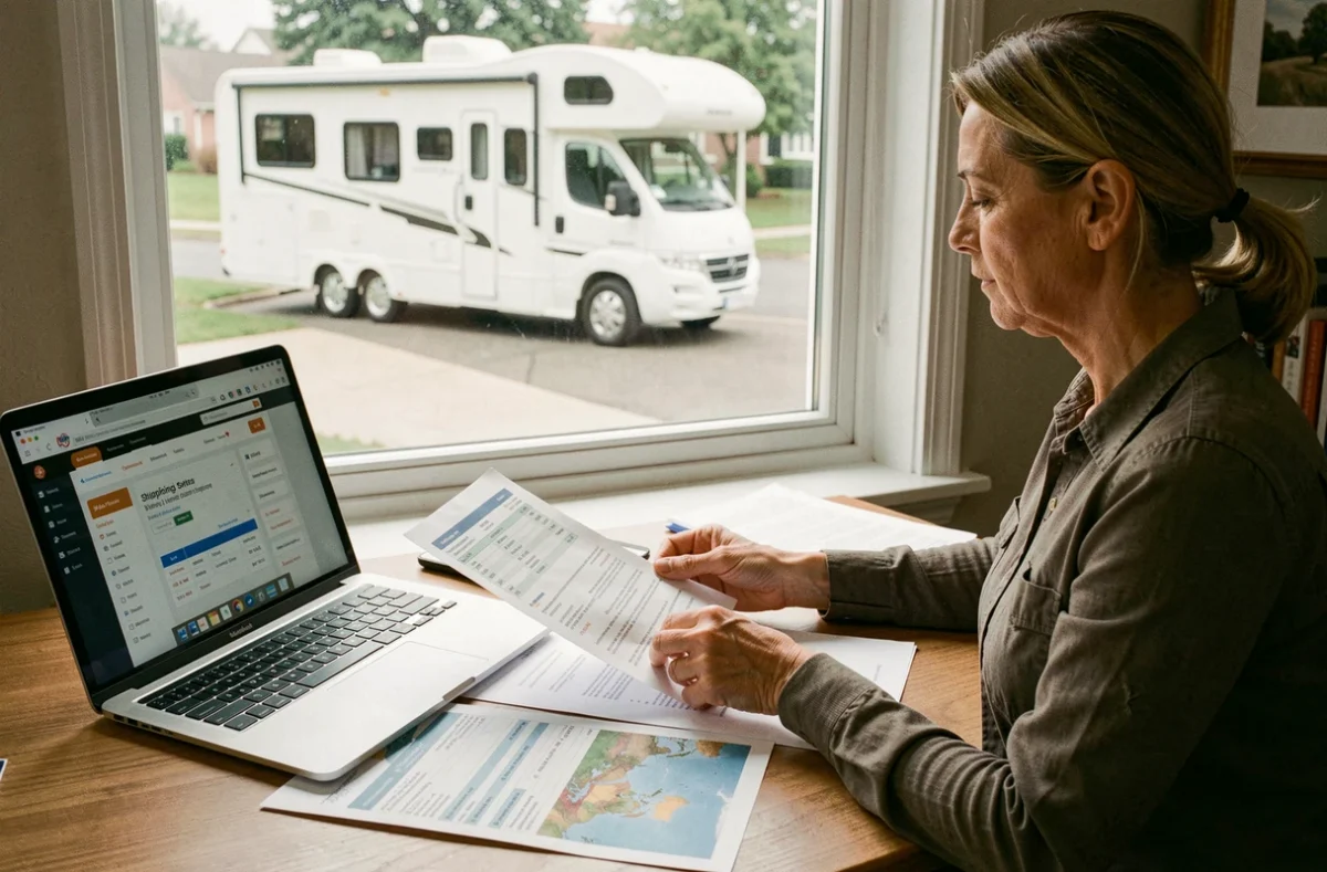 Femme consultant des devis d'expédition de camping-car vers l'Australie depuis son bureau