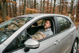 Homme dormant dans sa voiture dans une aire de repos belge entourée d'arbres en automne