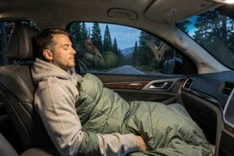 Homme dormant dans un SUV garé en forêt aux États-Unis, sac de couchage et siège incliné pour la nuit