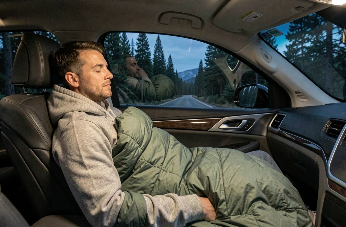 Homme dormant dans un SUV garé en forêt aux États-Unis, sac de couchage et siège incliné pour la nuit