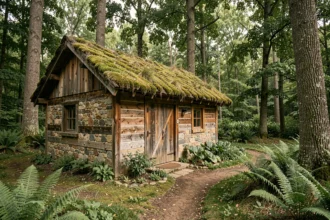 Éco-gîte en bois et pierre niché dans une forêt verdoyante avec toit végétalisé et jardin potager