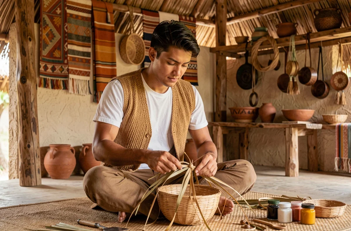 Artisan local fabriquant un panier traditionnel dans un lodge communautaire autochtone lié à l'écotourisme