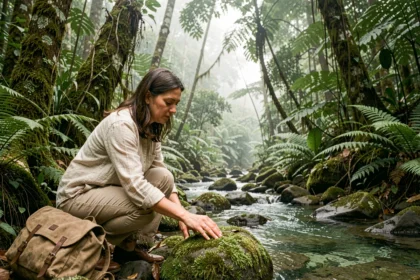 Femme explorant un cours d'eau dans une forêt tropicale lors d'une expérience d'écotourisme durable