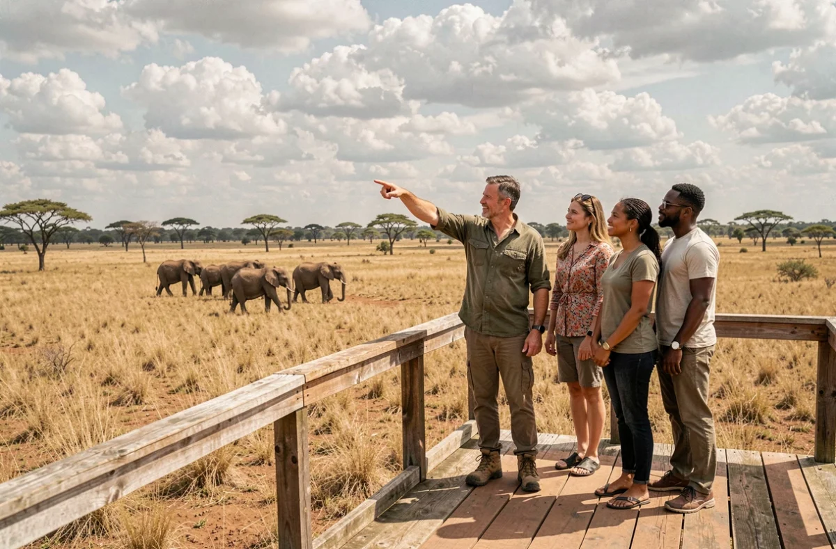 Guide local présentant la faune sauvage africaine à des touristes sur une plateforme d'observation en bois durable