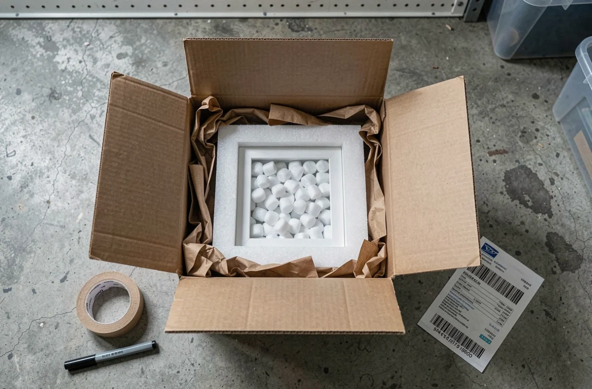 Vue de dessus d'un colis fragile emballé avec des mousses de protection pour envoi USPS