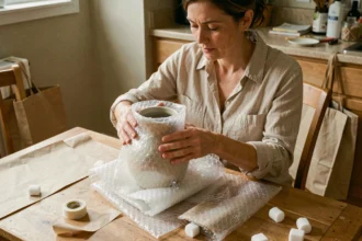 Femme emballant un vase fragile dans du papier à bulles avant un envoi USPS