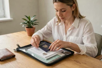Femme organisant des documents de voyage dans une pochette imperméable transparente sur un bureau en bois