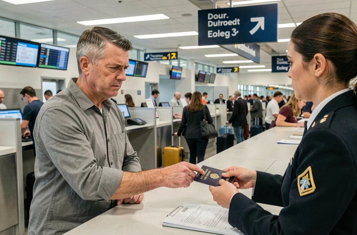 Voyageur présentant son passeport à un agent d'enregistrement dans un aéroport pour vérifier la concordance du prénom sur le billet