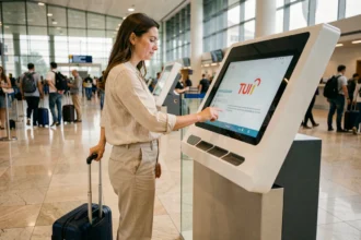 Femme en train de s'enregistrer à une borne TUI dans un aéroport international