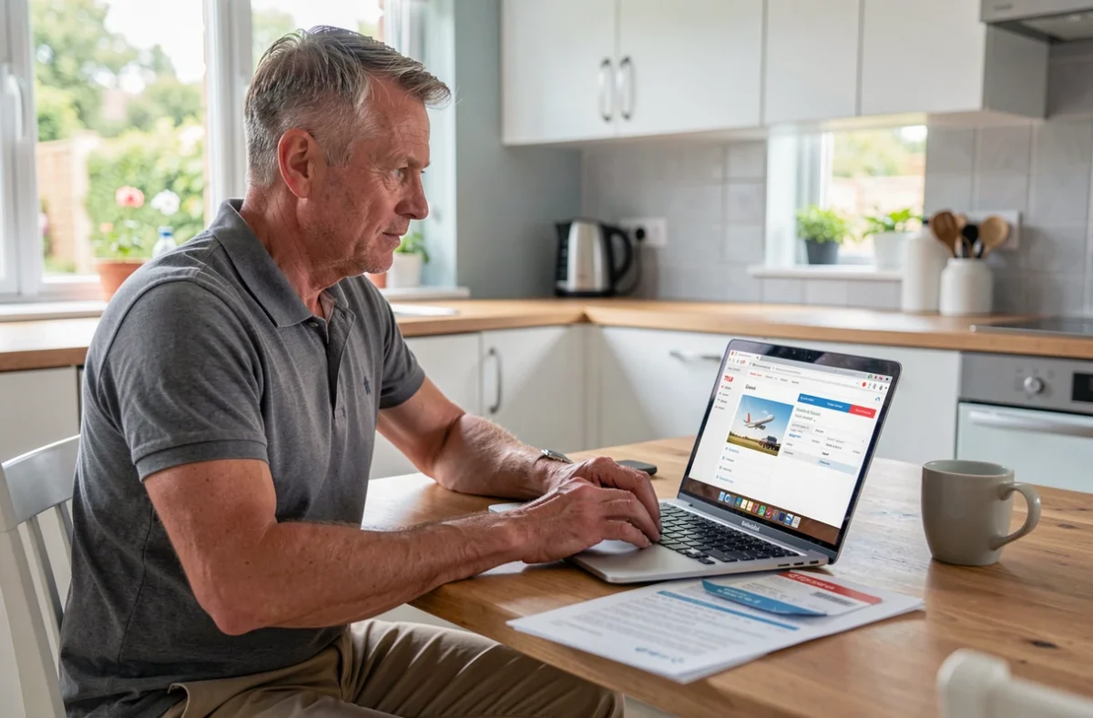 Homme effectuant son enregistrement en ligne sur le site TUI depuis son domicile